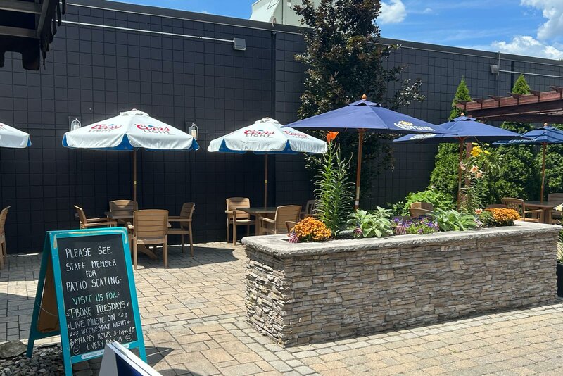 Outdoor patio seating with umbrellas